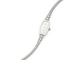 a close up of a wrist watch with a chain on a white background