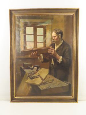 tableau représentant un homme tenant un morceau de bois devant une fenêtre