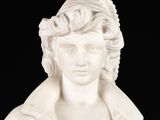 marble bust of a woman with curly hair and a leather jacket