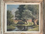 an image of a painting of a river and trees in a frame