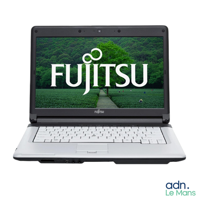 a laptop with a fujitsu logo on the screen