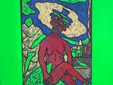 painting of a man sitting on a bench in front of a green background