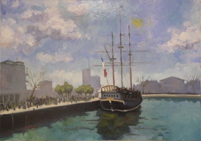 une peinture représentant un bateau dans l'eau