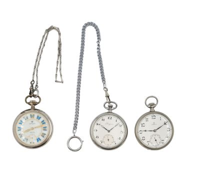 three different types of pocket watches on a chain on a white background