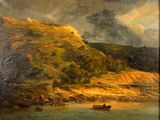 une peinture représentant un bateau dans un plan d'eau
