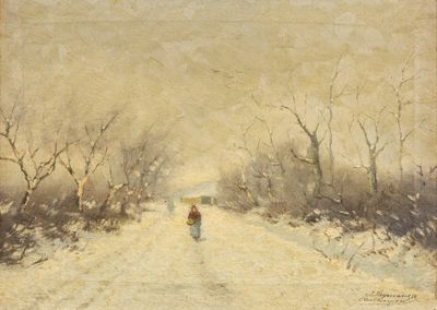 une image représentant un tableau où l'on voit une personne marchant sur une route enneigée