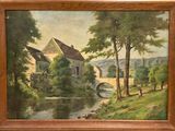 une peinture à l'huile représentant une maison au bord d'une rivière, avec un pont au premier plan