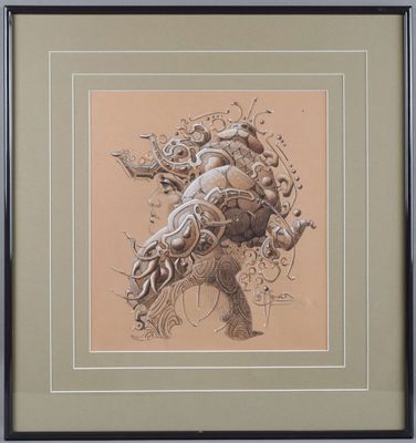 framed and matted drawing of a woman with a bird on her head