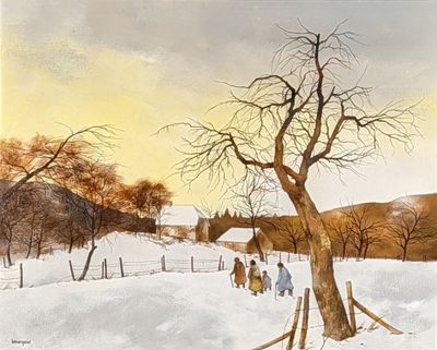 painting of a group of people walking in the snow near a tree
