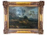 une peinture à l'huile représentant un paysage avec une rivière et des arbres