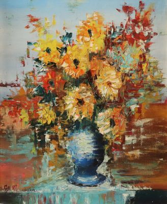 une peinture à l'huile représentant un vase de fleurs sur une table
