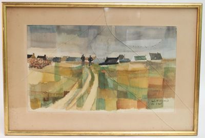 aquarelle encadrée représentant une scène de vie à la ferme avec un homme à cheval