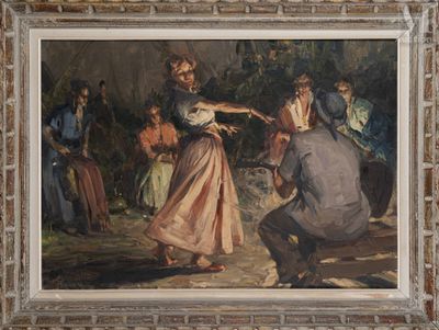 un tableau représentant un homme et une femme dansant dans un jardin