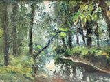 a painting of a path in the woods by the water