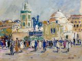 painting of a city square with people walking around and a clock tower in the background