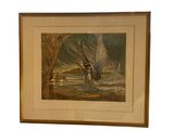 painting of a woman and a man in a landscape by a lake