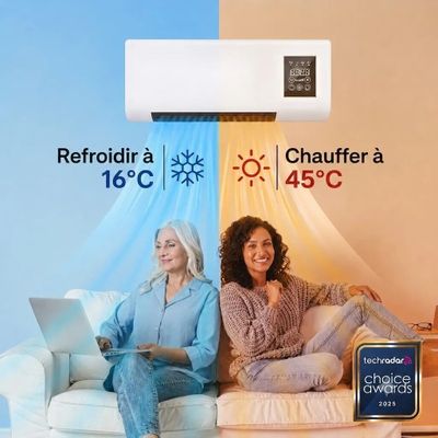 two women sitting on a couch in front of an air conditioner