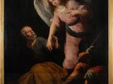 un tableau représentant un ange et un homme armé d'une épée dans une pièce