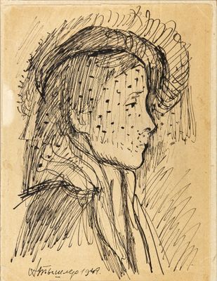 a drawing of a woman with a veil on her head
