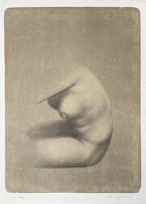 an image of a nude woman sitting on her stomach with a hat on her head