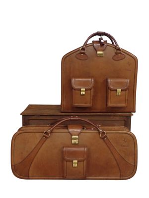 two pieces of luggage sitting next to each other on a white surface
