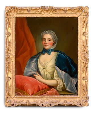 portrait of a lady in a blue cloak and white dress