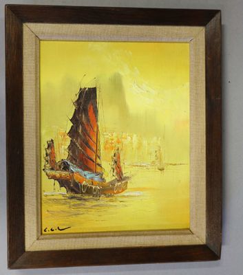 a picture of a painting of a boat on the water