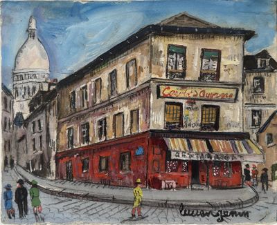 drawing of a painting of a street corner with people walking by