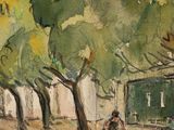 a watercolor painting of a woman walking down the street