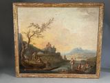 a painting of a river scene with figures in a boat