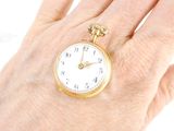 a person holding a gold pocket watch in their hand
