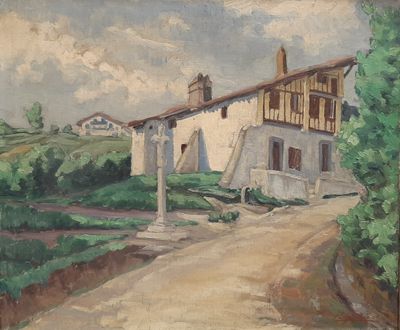 an oil painting of a house on a hill with a road in front of it