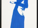 painting of a woman in a blue dress with a cigarette in her hand