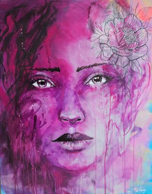 une peinture représentant une femme avec une fleur dans les cheveux