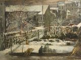 un tableau représentant deux personnes assises sur un banc dans la neige