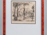 a drawing of a landscape with trees and a house in the background