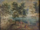 an old painting of a group of people in a wooded area