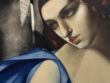 a painting of a woman with red hair and a blue dress
