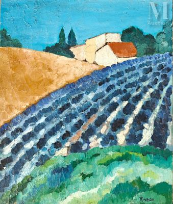 a painting of a painting of a field with a house in the background