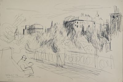 dessin représentant un homme assis sur un banc devant un immeuble