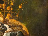 an oil painting of birds and flowers in a vase on a table