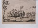 an old drawing of a landscape with a river in the foreground and trees in the foreground