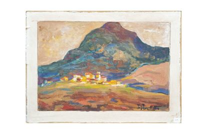 an image of a painting of a mountain with a village in the background