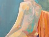 an oil painting of a woman sitting on a chair with her legs crossed