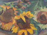 tableau représentant des tournesols dans un vase posé sur une table