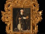 painting of an old man in a gold frame with a black background