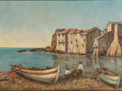 a painting of boats on the beach by the water