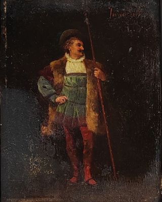 un vieux tableau représentant un homme vêtu d'un costume vert et tenant une canne