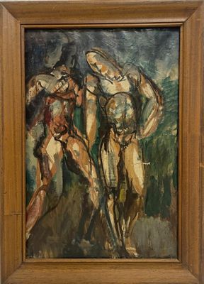 tableau représentant deux nus, encadré dans un cadre en bois et accroché au mur
