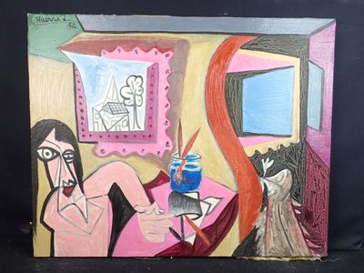 un tableau représentant une femme assise à une table avec un chat